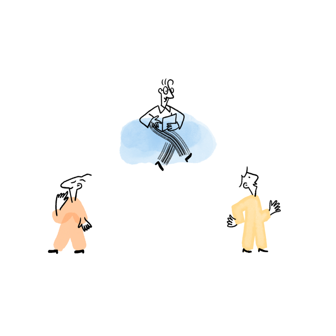 Illustrasjon av tre tegnede mennesker hvor en av de sitter på en sky mens de to andre står på bakken. Dette illustrerer et meklingsmøte hvor mekleren sitter mellom partene og observerer og gjør seg betraktningen slik at partene kan jobbe sammen mot en enighet